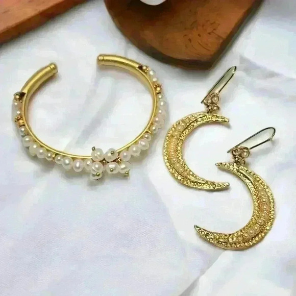 ๐๏ธ24K Gold Plated Turkish Pearl Artisan Jewelry Set Crescent Moon Earrings Cuff - Picture 12 of 12